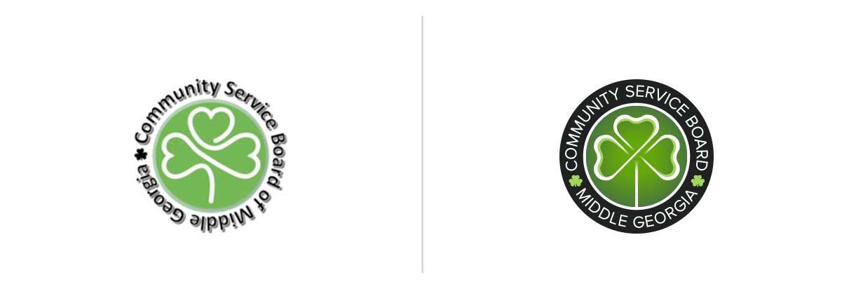 Two circular Community Service Board of Middle Georgia logos with green clovers; left has black text on white, right has white text on black.
