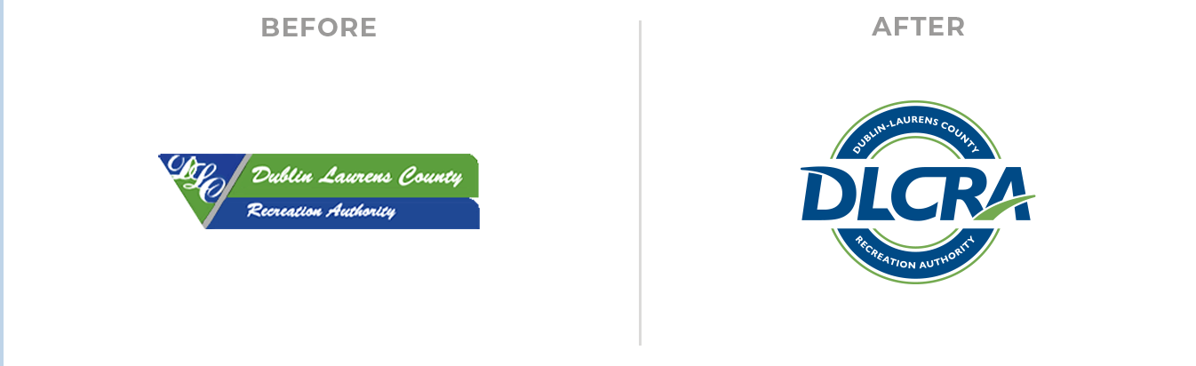 Side-by-side comparison of two logos: old Dublin-Laurens County Recreation Authority logo left, modern circular DLCRA logo right.