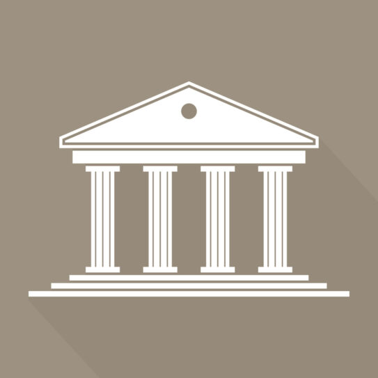 White icon of a classical building with four columns and a triangular pediment on brown, symbolizing a courthouse or government institution.