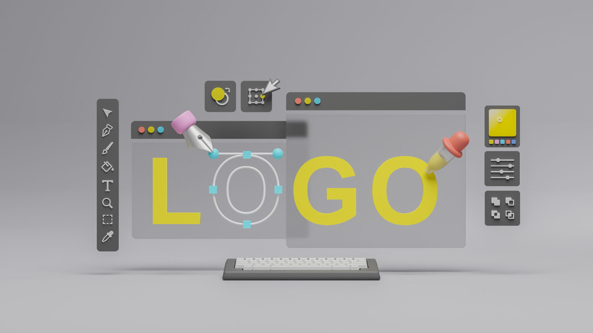 3D illustration of graphic design software interface where the word LOGO is being edited, with tools and icons above a keyboard on gray.