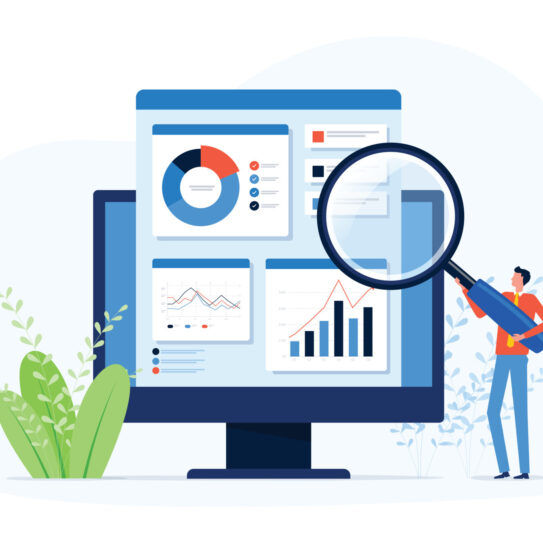 A person holds a magnifying glass, examining data charts on a large computer monitor with plants in the background.
