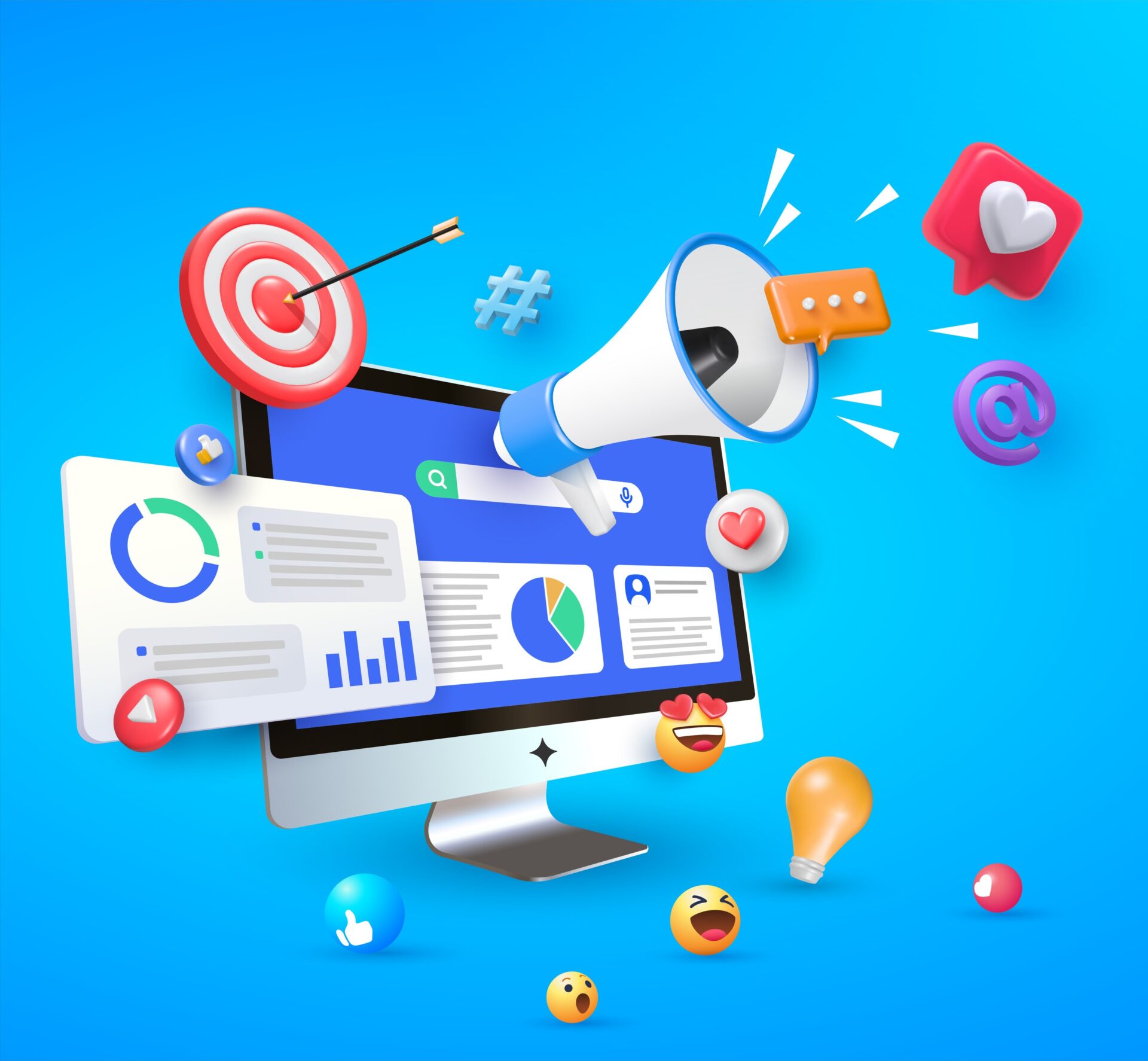 A computer monitor shows charts and graphs, surrounded by 3D marketing and social media icons on a blue background.