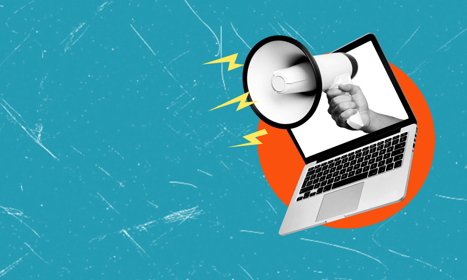 A hand with a megaphone comes out of a laptop screen, yellow lightning bolts for sound, blue background, orange circle behind laptop.