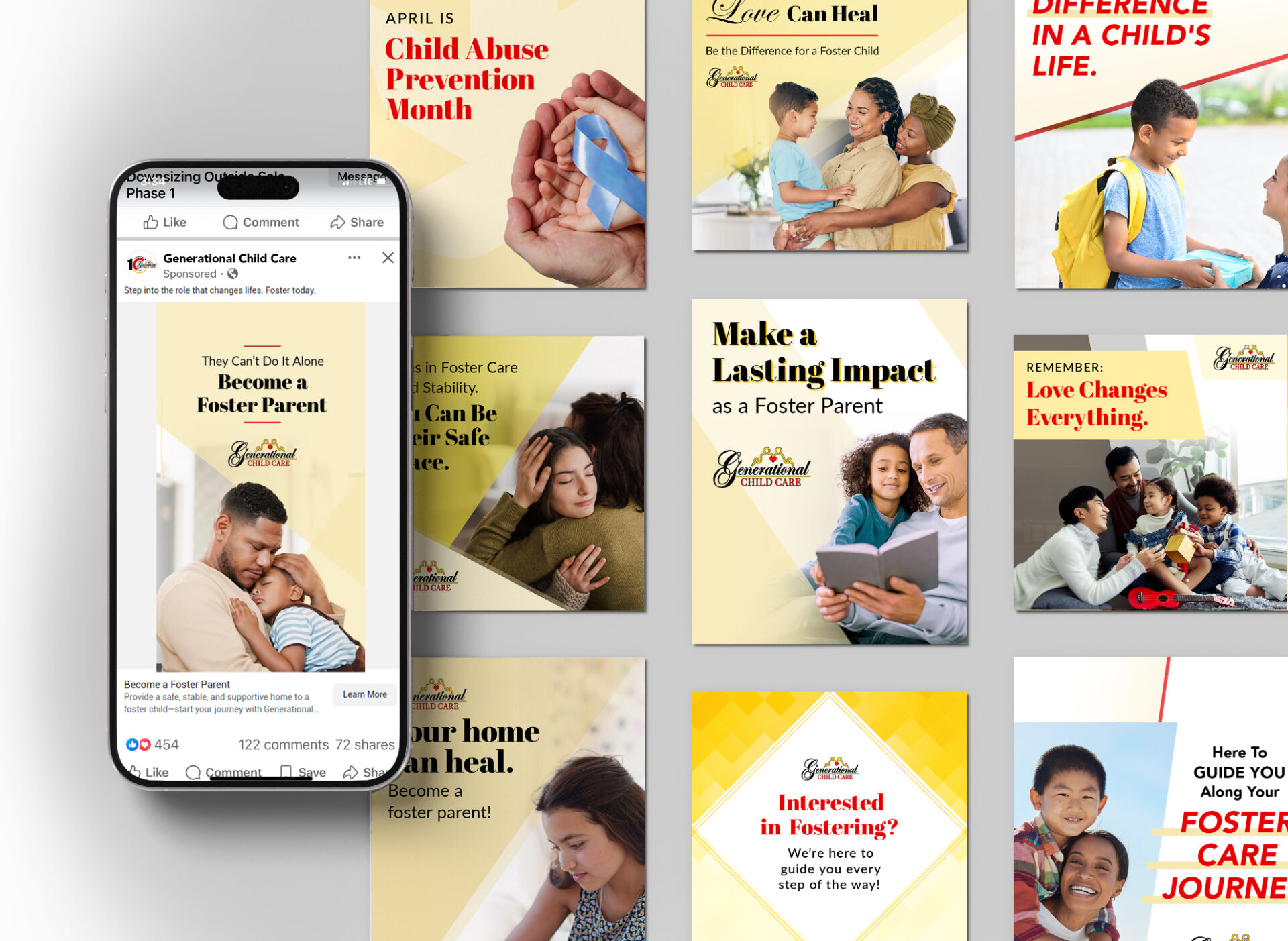 A phone shows a Facebook post on becoming a foster parent, framed by colorful graphics of diverse families and messages about foster care.