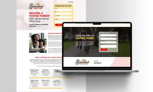 A laptop showing a foster care website with a family photo and registration form sits before a flyer on becoming a foster parent.