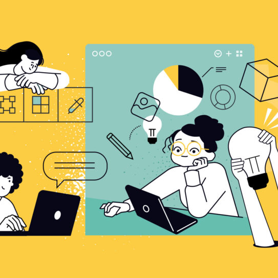 Illustration of three people on laptops with charts, creative tools, and a big lightbulb for innovation on a yellow background.