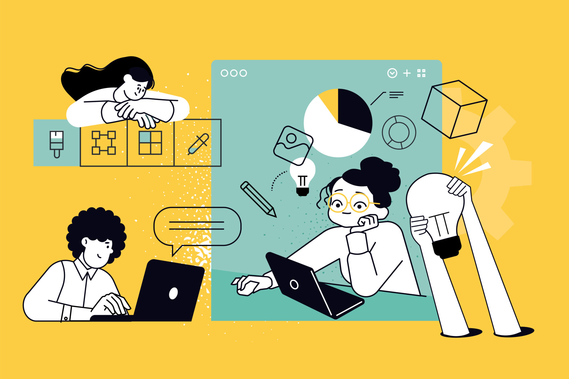 Illustration of three people on laptops with charts, creative tools, and a big lightbulb for innovation on a yellow background.