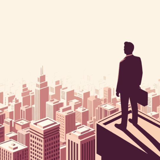 A suited man with a briefcase stands on a tall building's edge, overlooking a vast city skyline in a minimalist illustration.