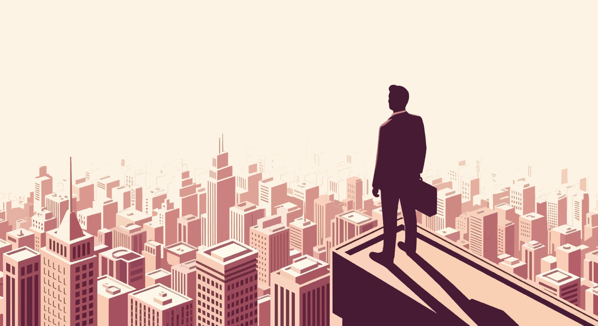 A suited man with a briefcase stands on a tall building's edge, overlooking a vast city skyline in a minimalist illustration.