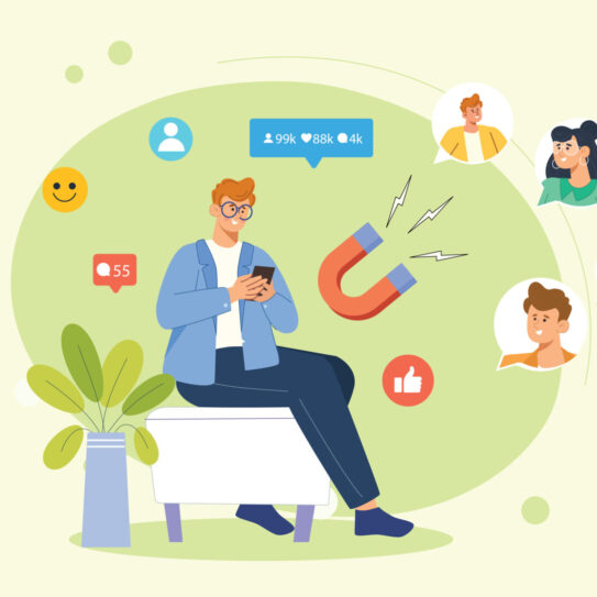 A person on a bench uses a smartphone, surrounded by social media icons and a magnet symbolizing online followers and engagement.