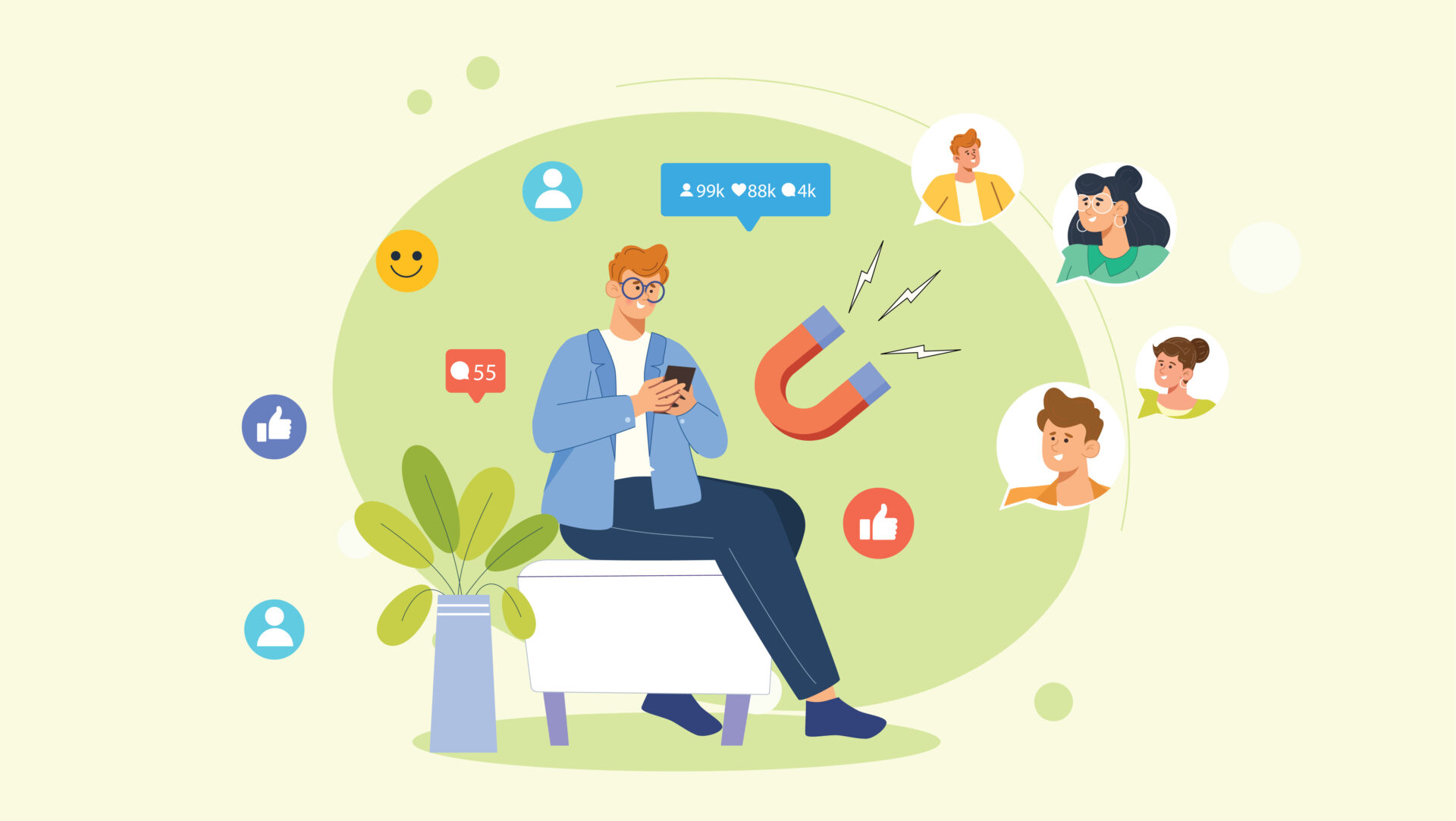 A person on a bench uses a smartphone, surrounded by social media icons and a magnet symbolizing online followers and engagement.