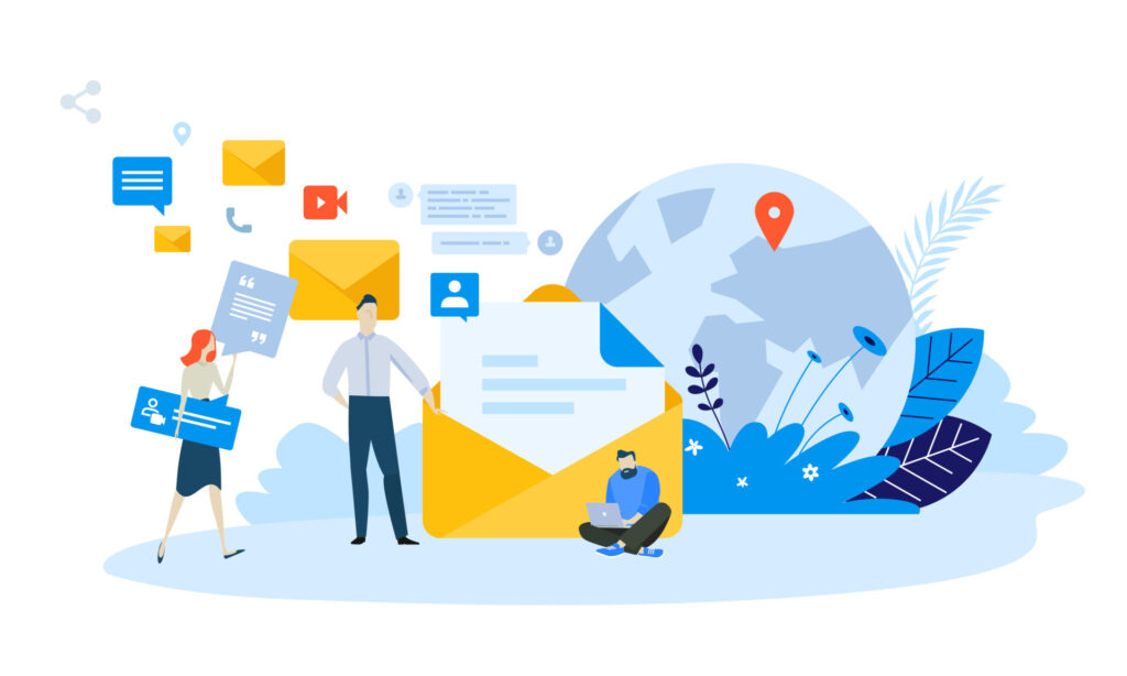 Three people interacting with digital icons, email, and messages with a globe, location pin, and plants symbolizing global connectivity.