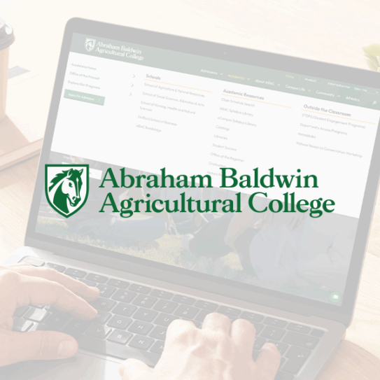 A person types on a laptop displaying the Abraham Baldwin Agricultural College website. Overlaid text and a green horse logo read Abraham Baldwin Agricultural College.