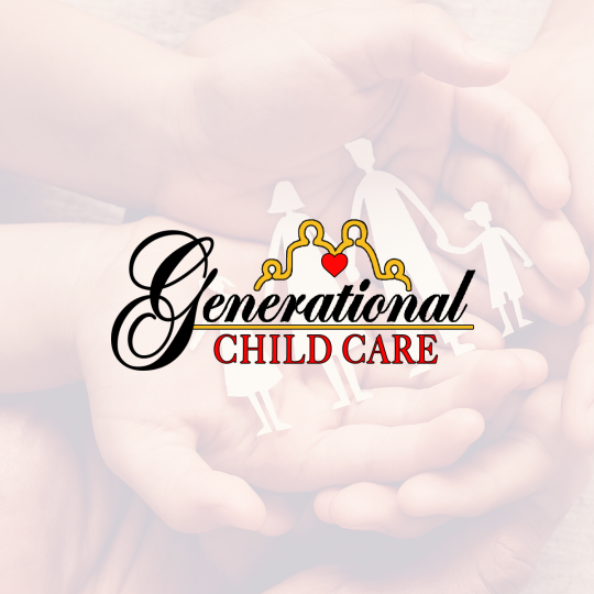 Logo for Generational Child Care on a backdrop of adult hands cradling paper family cutouts, symbolizing support and protection.