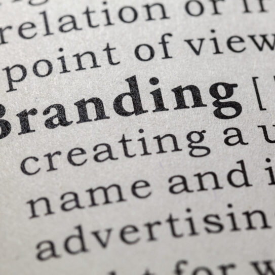 Close-up of a dictionary page showing the word Branding in bold, followed by part of its definition in regular font. The surrounding text is slightly blurred.