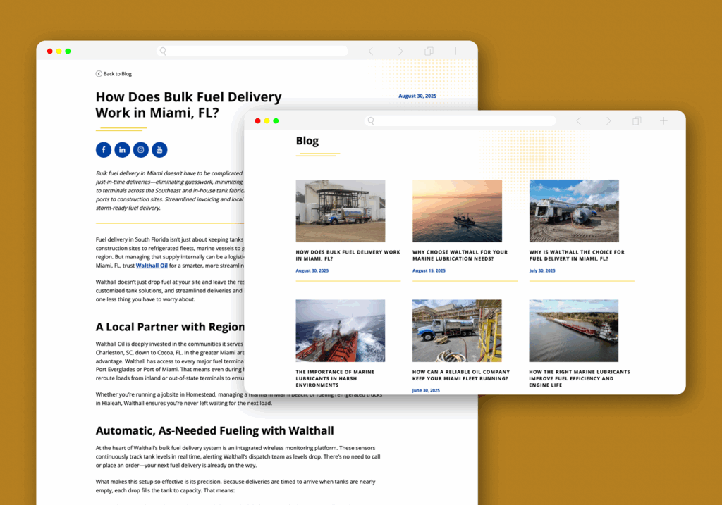 Two overlapping web browser windows display a blog. The left window shows an article titled How Does Bulk Fuel Delivery Work in Miami, FL? The right window lists several blog post previews with images and publication dates.