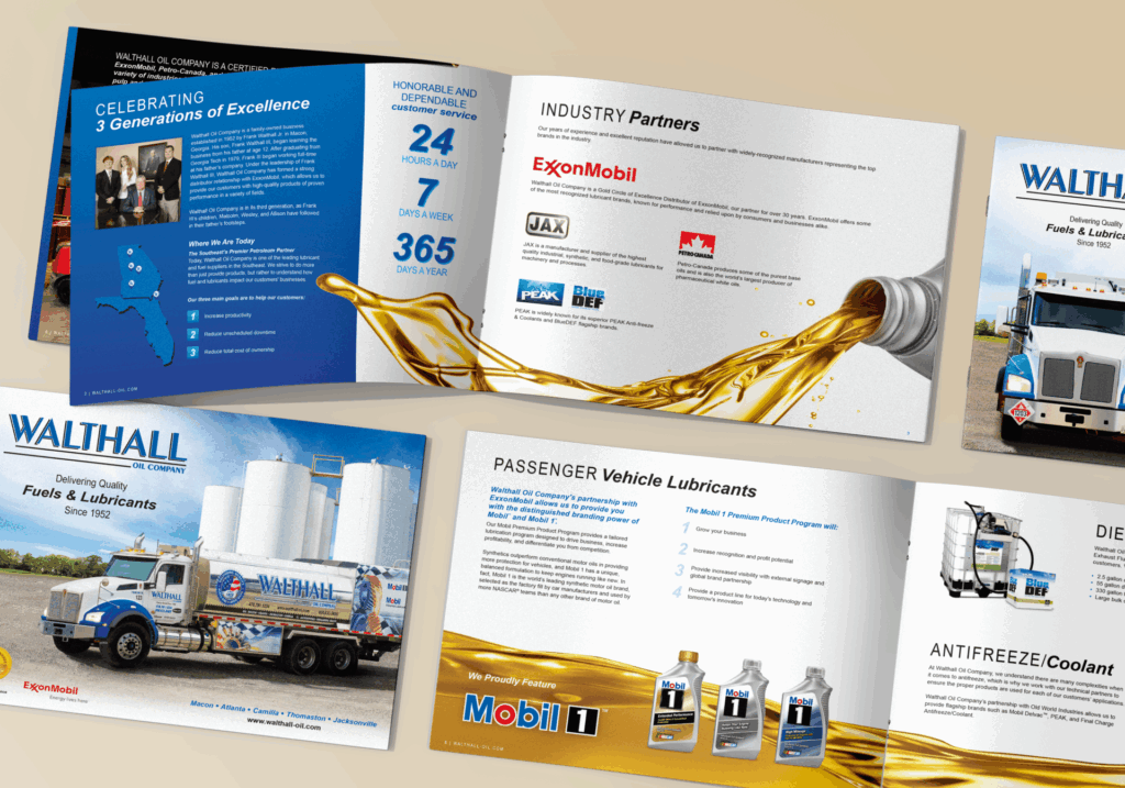 A collage of Walthall Oil brochures with trucks, oil tanks, golden motor oil, lubricants, ExxonMobil logos, and service highlights.