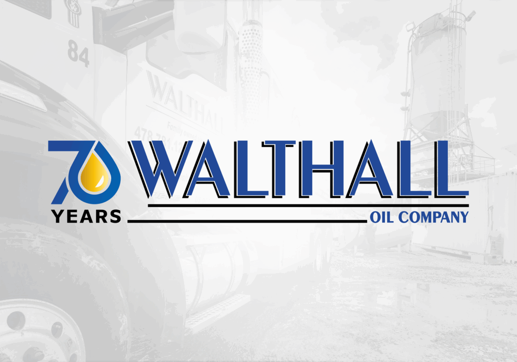 Logo for Walthall Oil Company 70th anniversary with blue and yellow oil drop in number 70, bold blue text, faded industrial background.