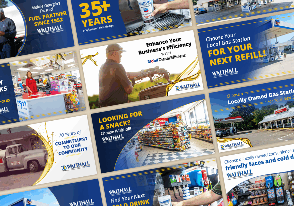 Collage of Walthall Oil Company ads with fuel, snacks, gas stations, efficiency tips, and community scenes in bright colors.