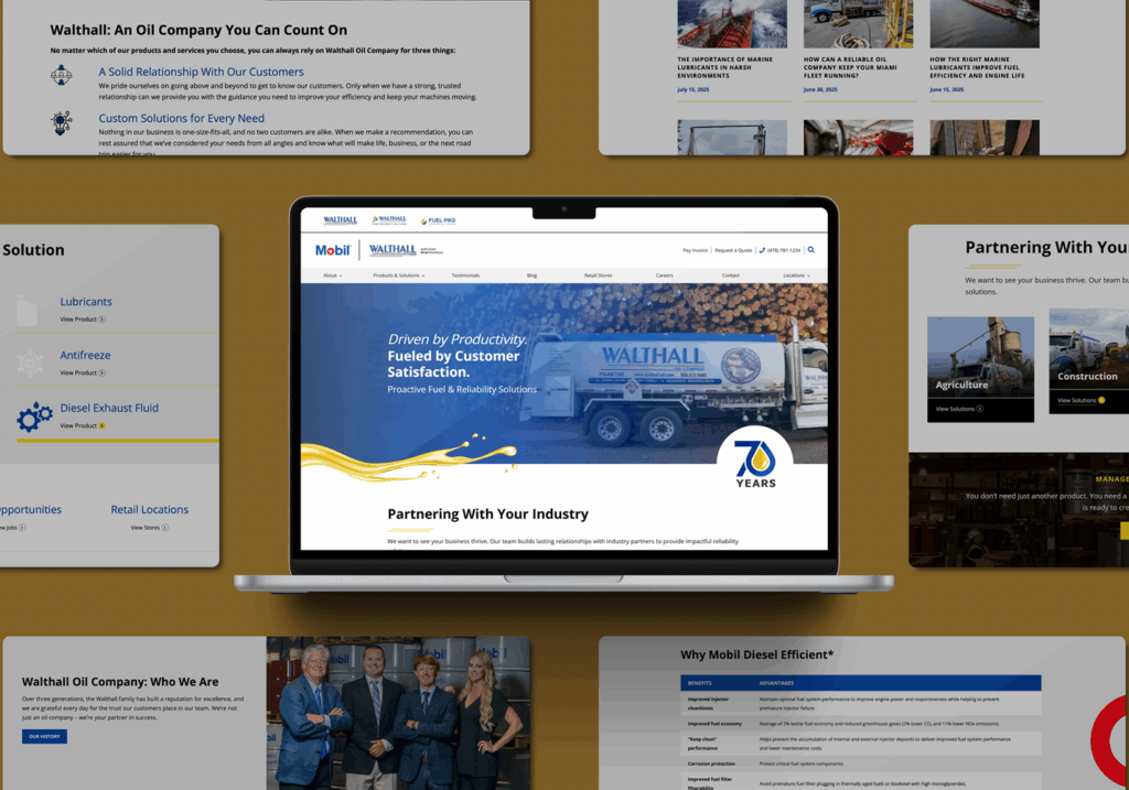 A laptop shows the Walthall Oil Company website on a mustard background, surrounded by overlapping website sections and text blocks.