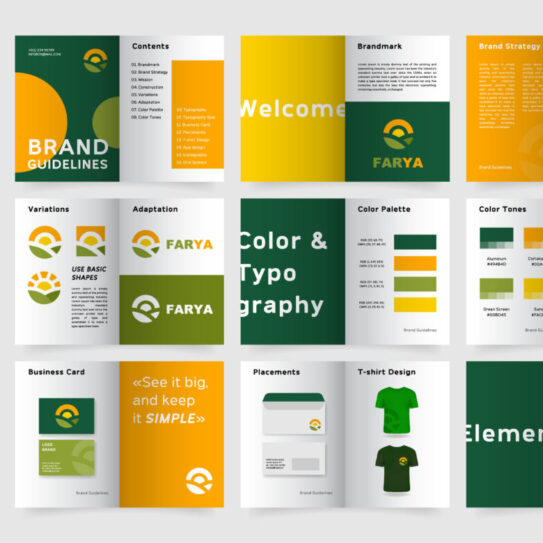 A set of brand guidelines features a green and yellow theme, logo, fonts, palettes, business card, T-shirts, icons, and cover titled Brand Guidelines.