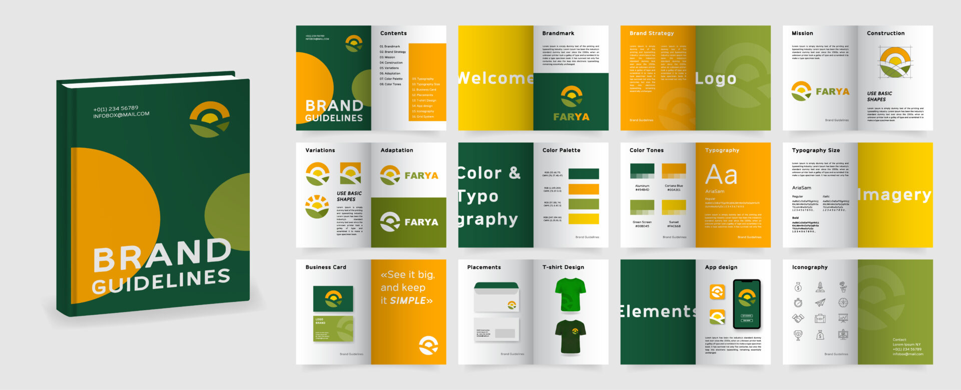 A set of brand guidelines features a green and yellow theme, logo, fonts, palettes, business card, T-shirts, icons, and cover titled Brand Guidelines.