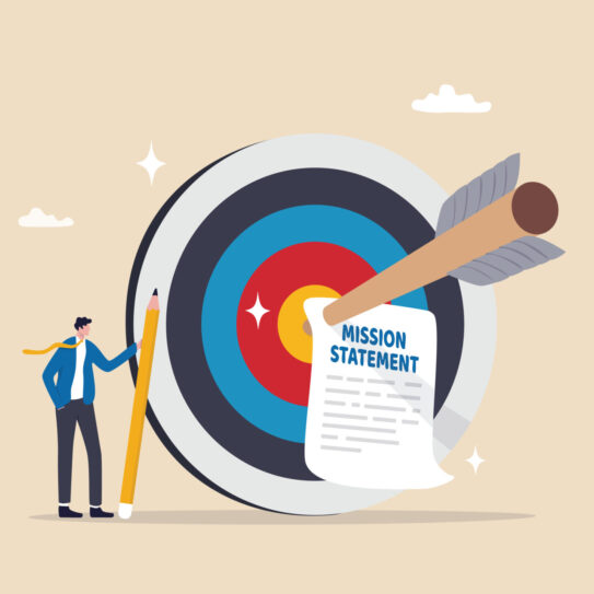 Illustration of a person with a large pencil standing by a target, arrow hitting bullseye and pinning paper labeled Mission Statement.