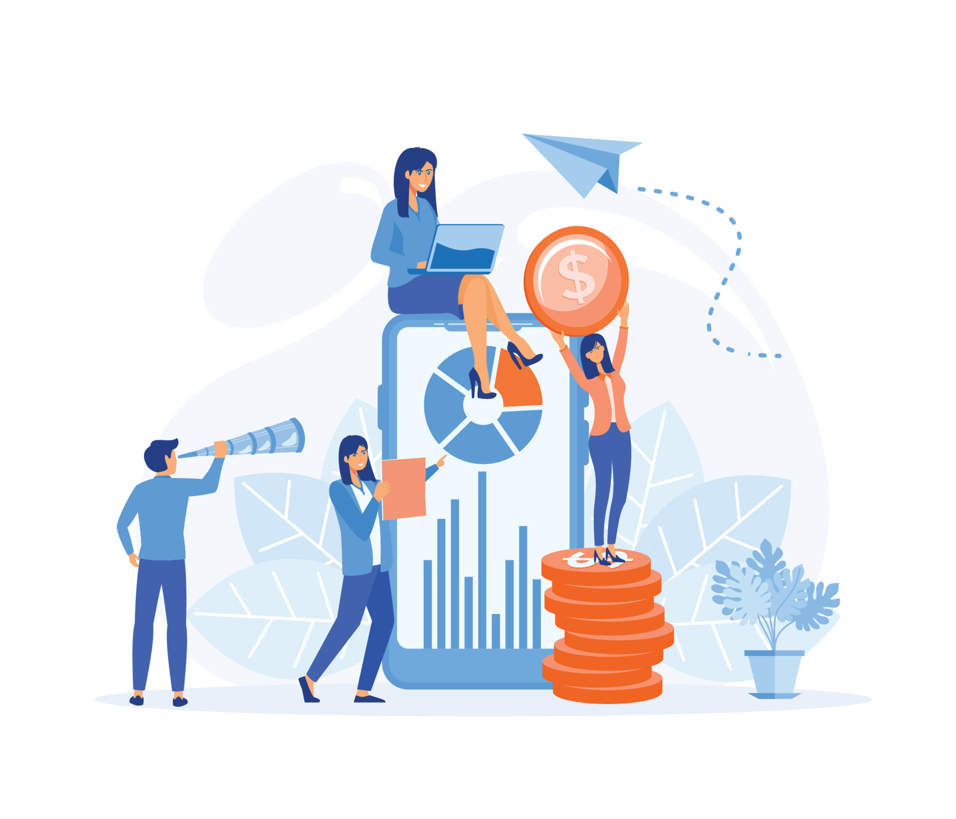 Illustration of four people with financial symbols: telescope, notepad, laptop on phone, holding coin on coins, paper plane above.