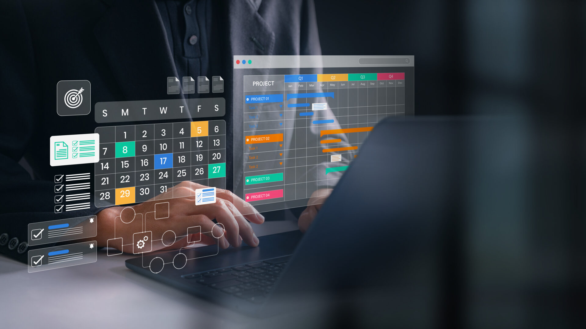 Person using a laptop with digital overlays of a calendar, task list, and charts, representing modern scheduling and productivity tools.
