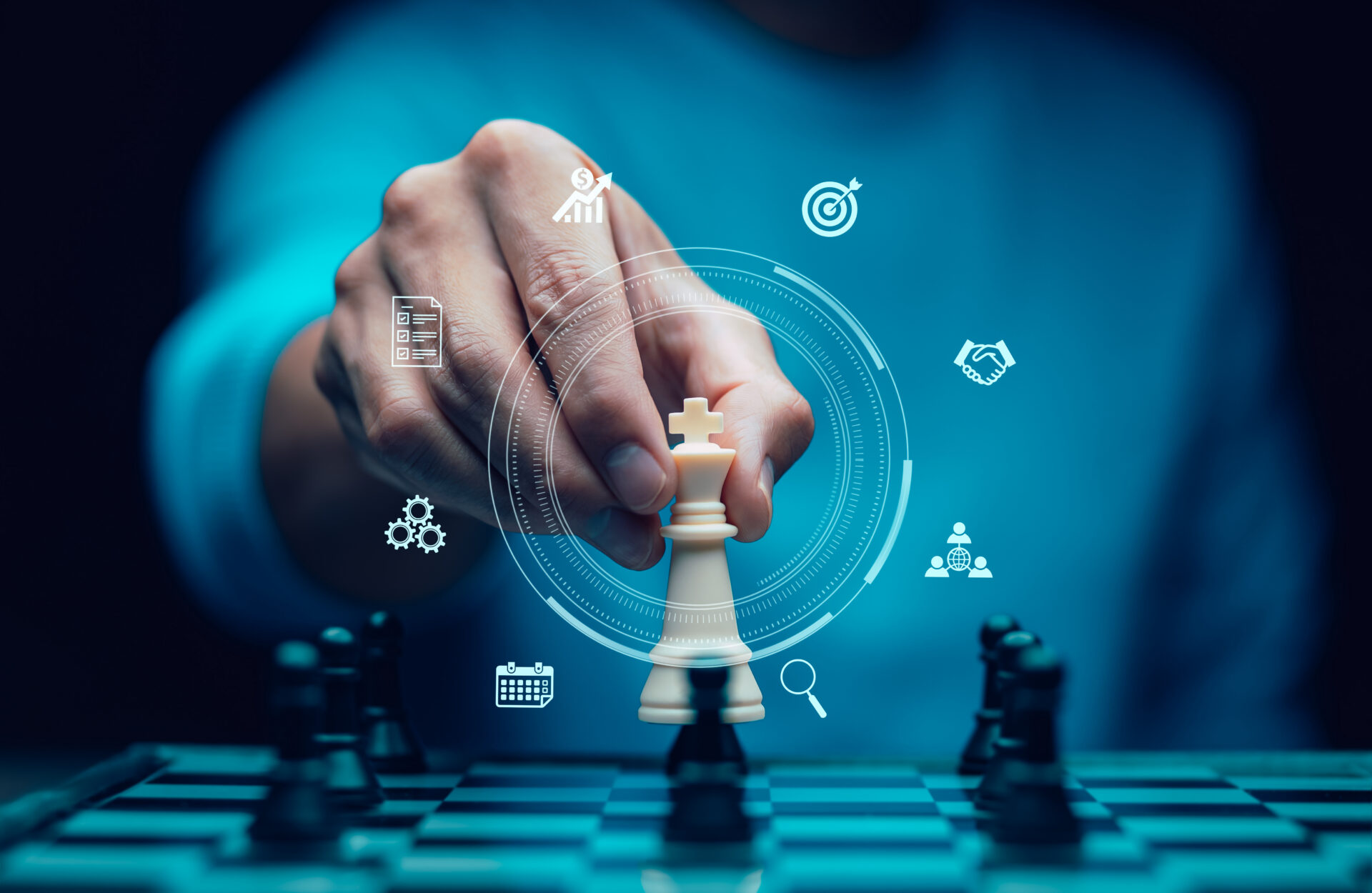 A person moves a white king chess piece on a chessboard with digital icons like gears, calendar, target, and handshake overlayed.