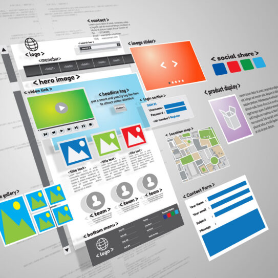 3D illustration of a website layout with image, video, map, contact form, team sections, social buttons, and menus on grey background.