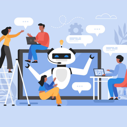 Four people work together with a large robot on a computer screen, using laptops amid symbols of teamwork and technology on blue.