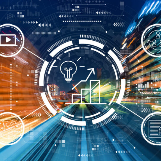 Futuristic graphic with icons for analysis, communication, teamwork, video, and documents over a blurred city background visually representing a marketing engine at work.