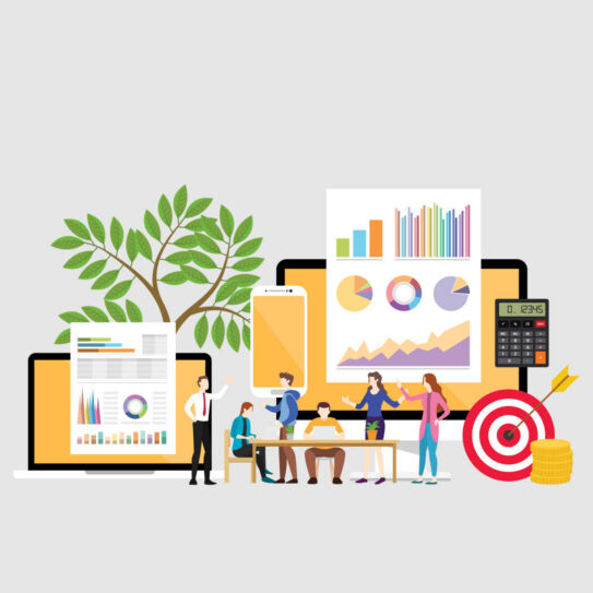 illustration of a digital marketing team with people brainstorming or discussing marketing strategy.