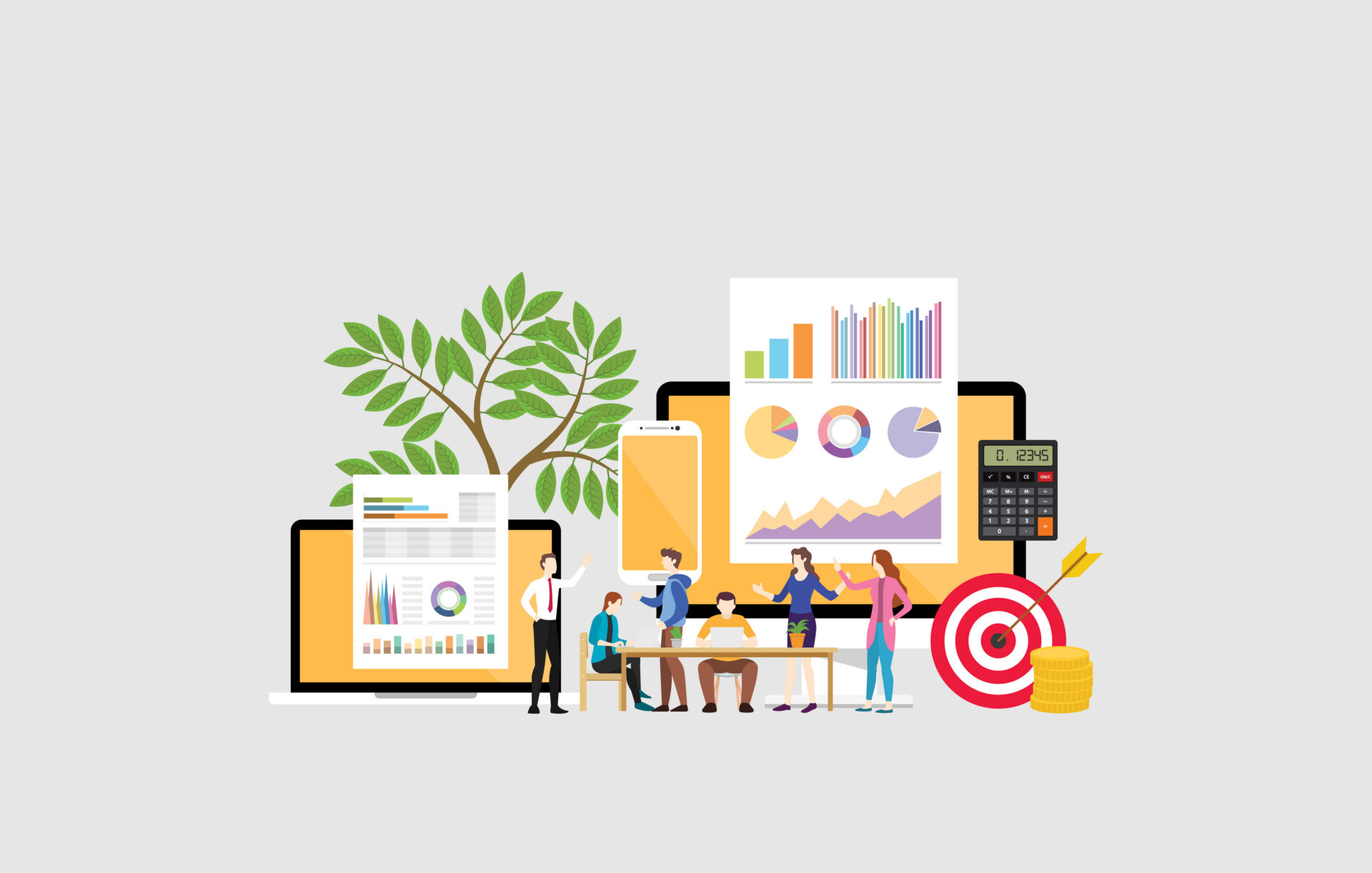 illustration of a digital marketing team with people brainstorming or discussing marketing strategy.