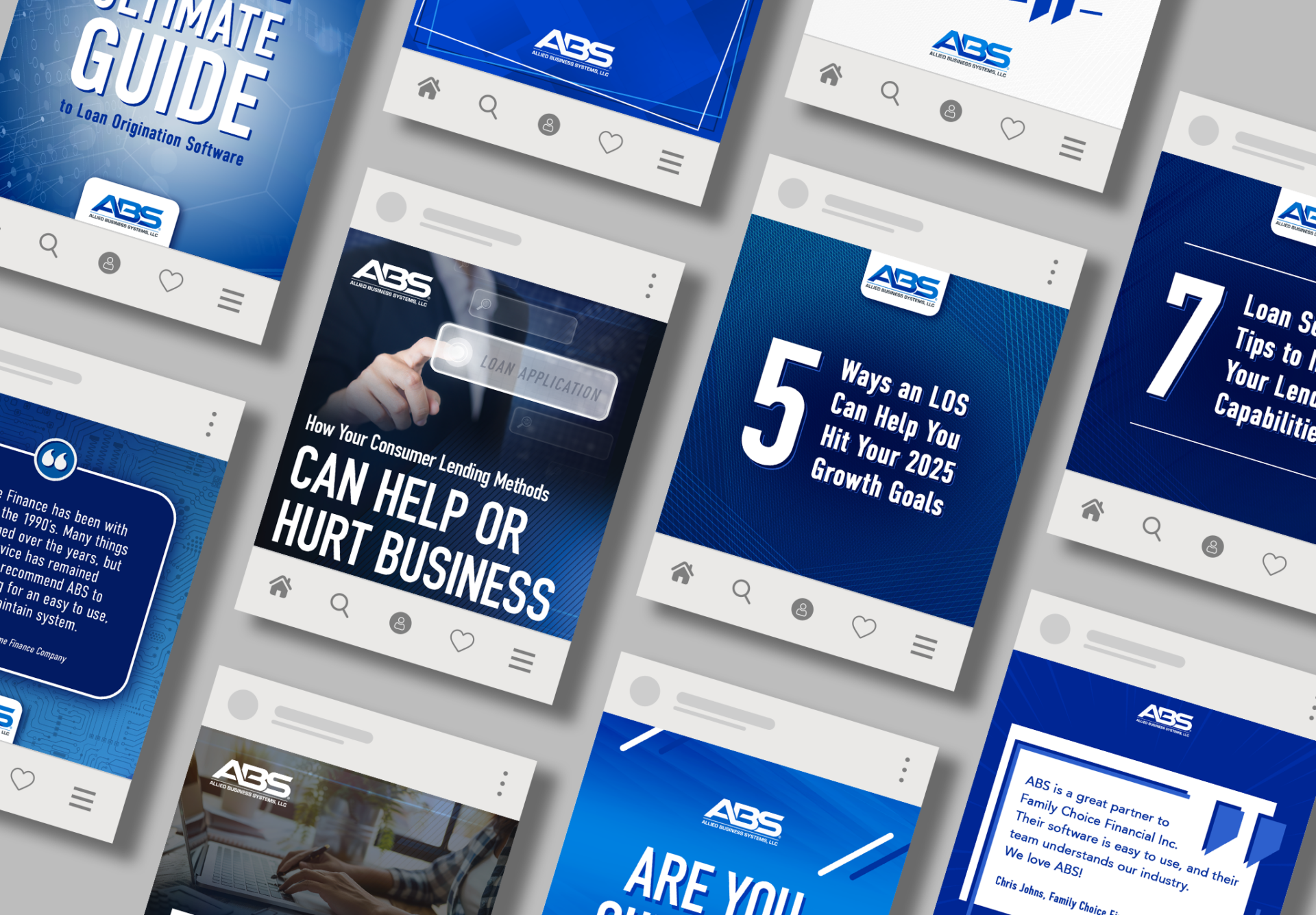 A flat lay of social media posts about lending software, featuring key text, numbers, icons, and ABS branding on blue and white backgrounds.
