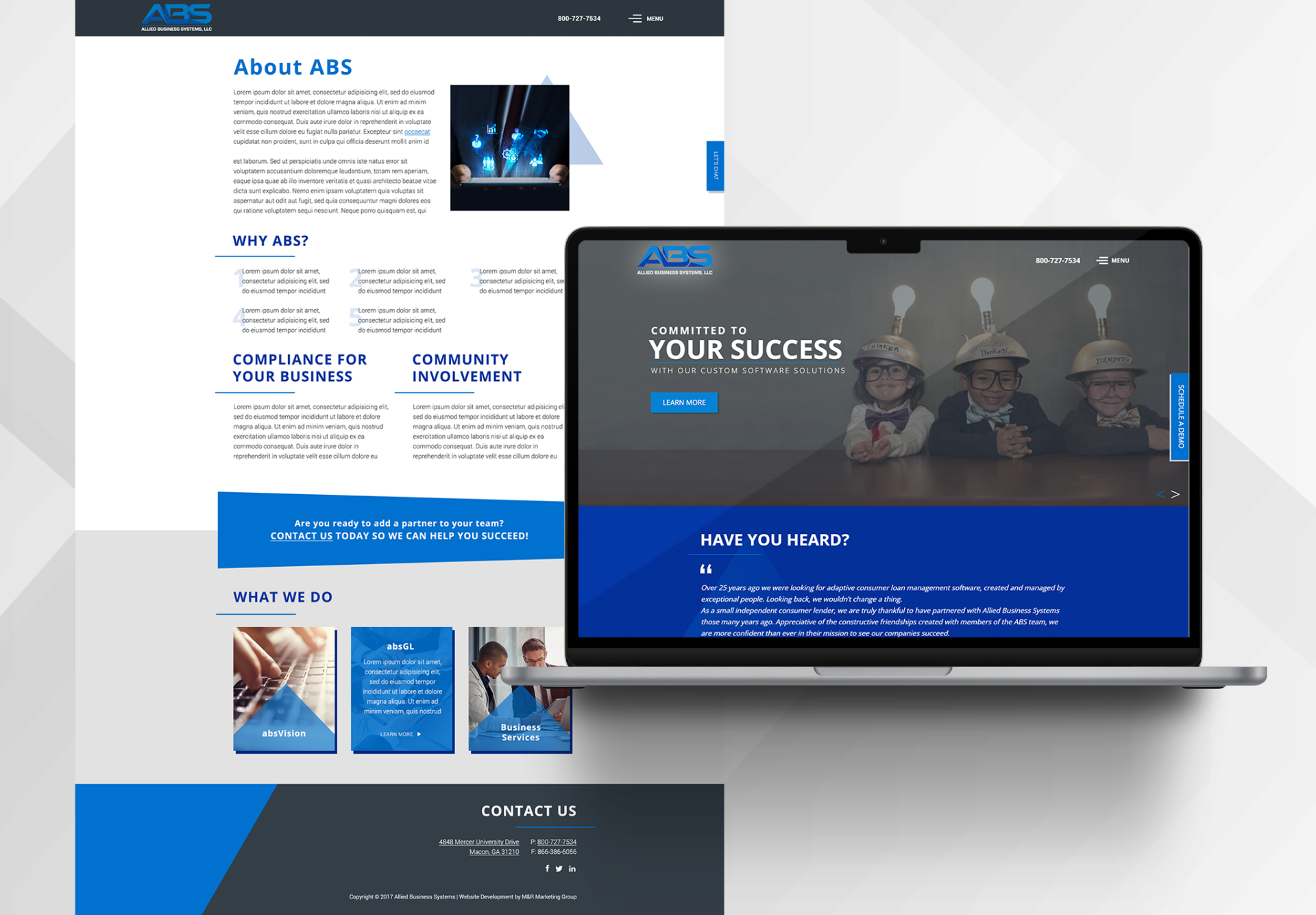 Mockup showing the ABS business website on a laptop and full page, with sections about services, community, and kids in lightbulb hats.