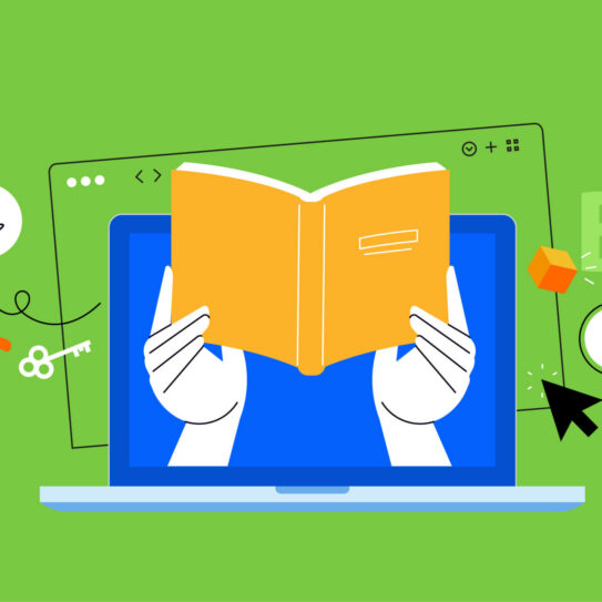 Illustration of hands holding an open book from a laptop screen, with icons like a lightbulb and beaker, representing online learning.