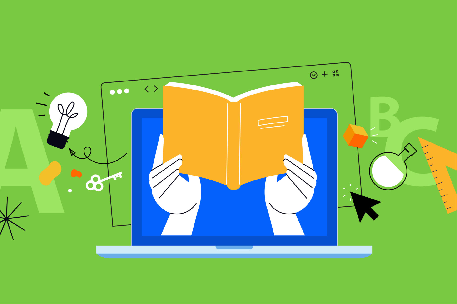 Illustration of hands holding an open book from a laptop screen, with icons like a lightbulb and beaker, representing online learning.