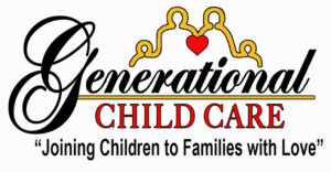 Logo for Generational Child Care with a gold crown, red heart, and the slogan Joining Children to Families with Love in black below.