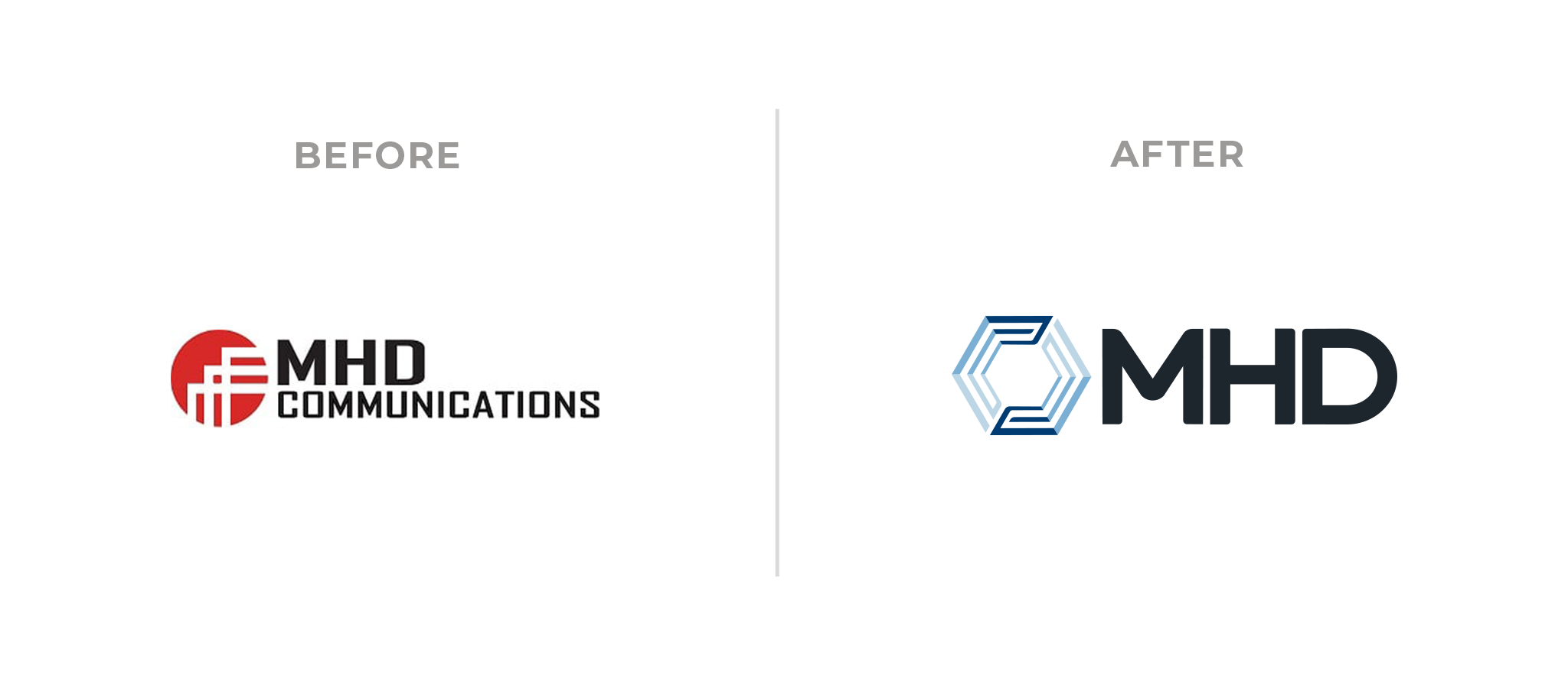Side-by-side comparison of the MHD Communications logo: old red and black design on the left; new blue hexagon with modern MHD text on right.