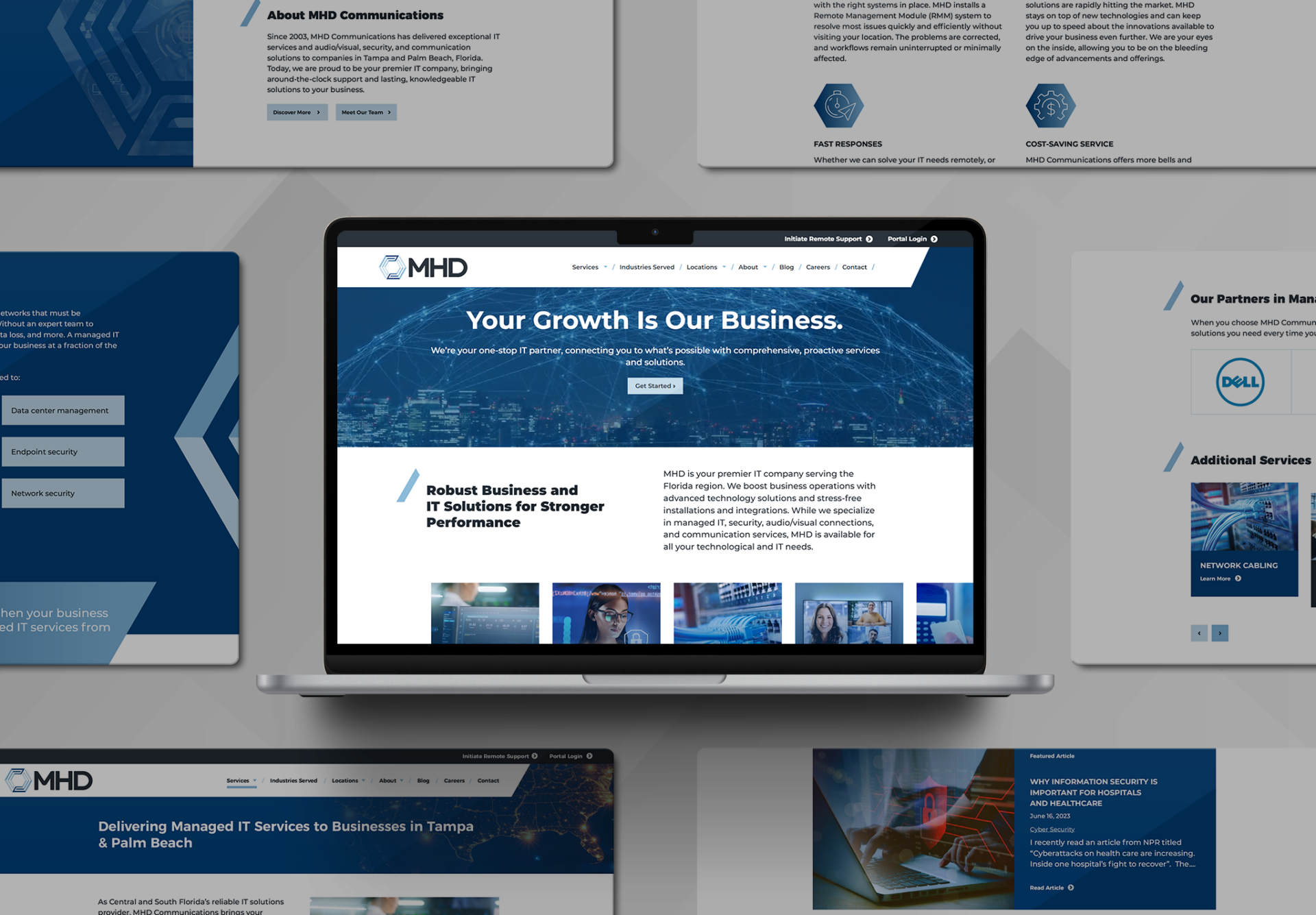 A laptop displays the MHD Communications website homepage with a blue-themed design and headline Your Growth Is Our Business on a gray background.