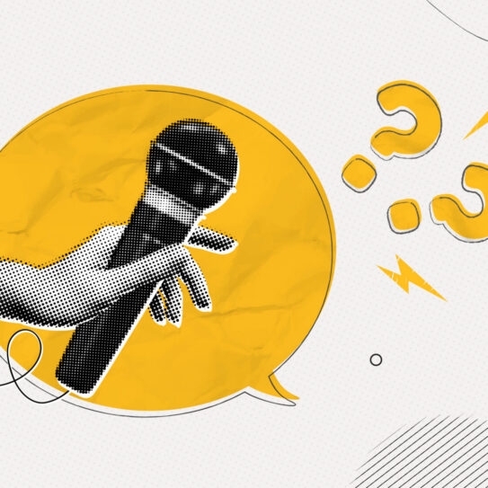 A stylized illustration shows a hand holding a microphone before a yellow speech bubble, with question marks, lightning bolts, and abstract lines.