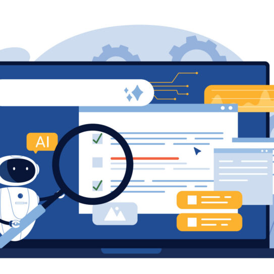 Illustration of a robot labeled AI holding a magnifying glass by a laptop screen with search results, checkboxes, charts, and gears.