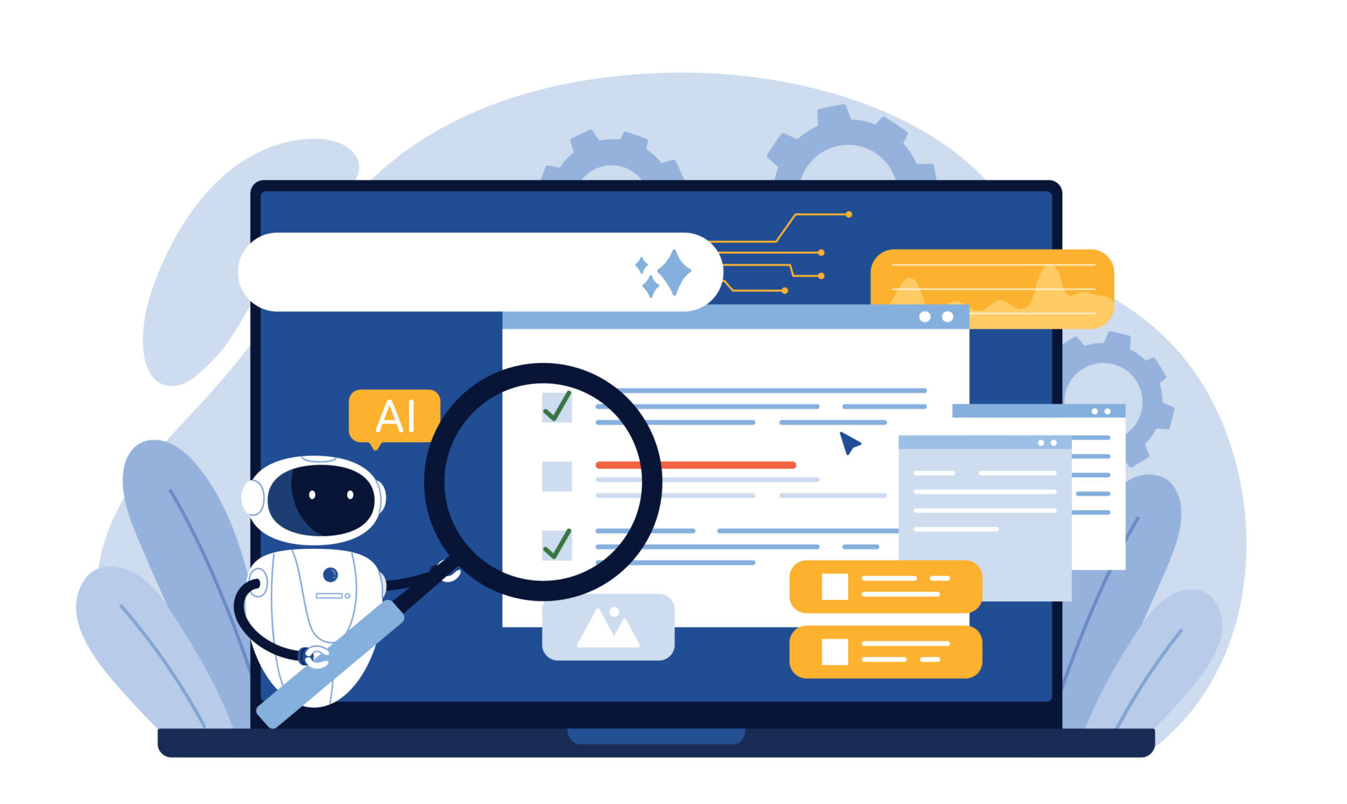 Illustration of a robot labeled AI holding a magnifying glass by a laptop screen with search results, checkboxes, charts, and gears.