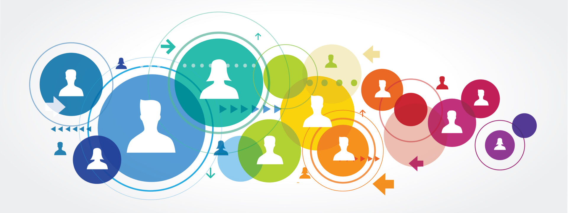 Colorful overlapping circles with white person silhouettes inside, joined by lines and arrows, symbolizing a social network on white background.