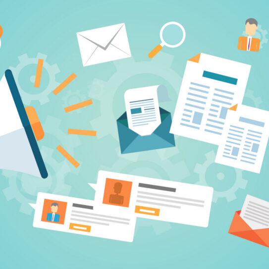 Hand holding a megaphone among documents, emails, a clipboard, chat bubbles, magnifying glass, and profile cards; info sharing theme.