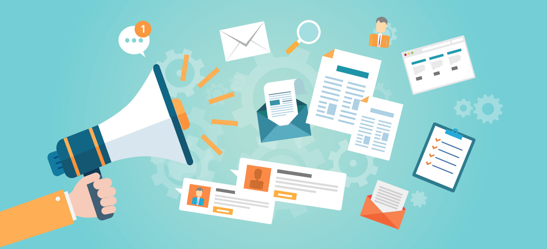 Hand holding a megaphone among documents, emails, a clipboard, chat bubbles, magnifying glass, and profile cards; info sharing theme.