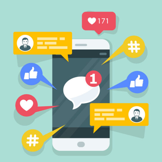 A smartphone with message alerts, thumbs up icons, hashtags, and a heart symbol; one new message and 171 likes are shown.