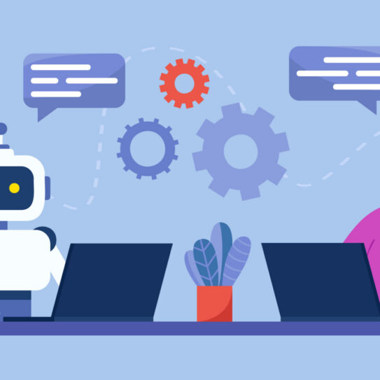 A robot and person sit across from each other at a desk with laptops, speech bubbles and gears above them, symbolizing collaboration.